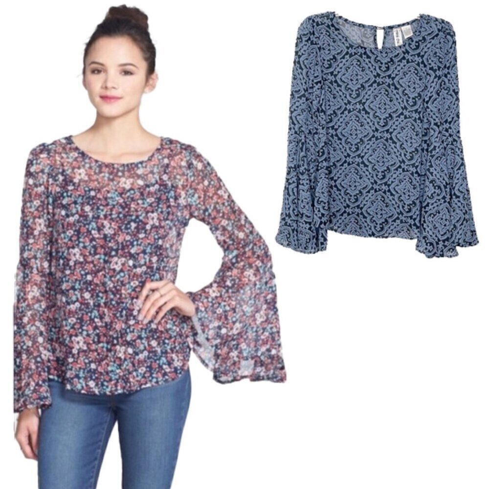 🆕 MIAMI CHICA Medallion Print
Bell Sleeve Sheer Blouse Size S